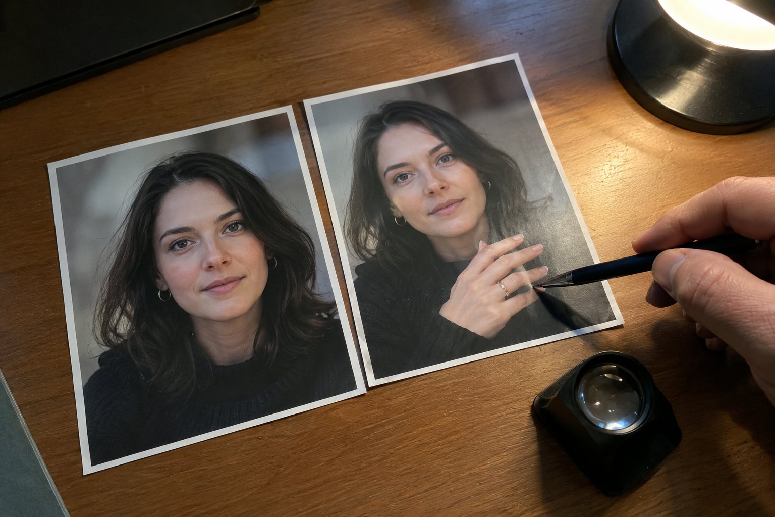 Twee geprinte portretten van dezelfde vrouw op een bureau, een pen wijst naar haar vingers op één van de afdrukken, met een loep ernaast