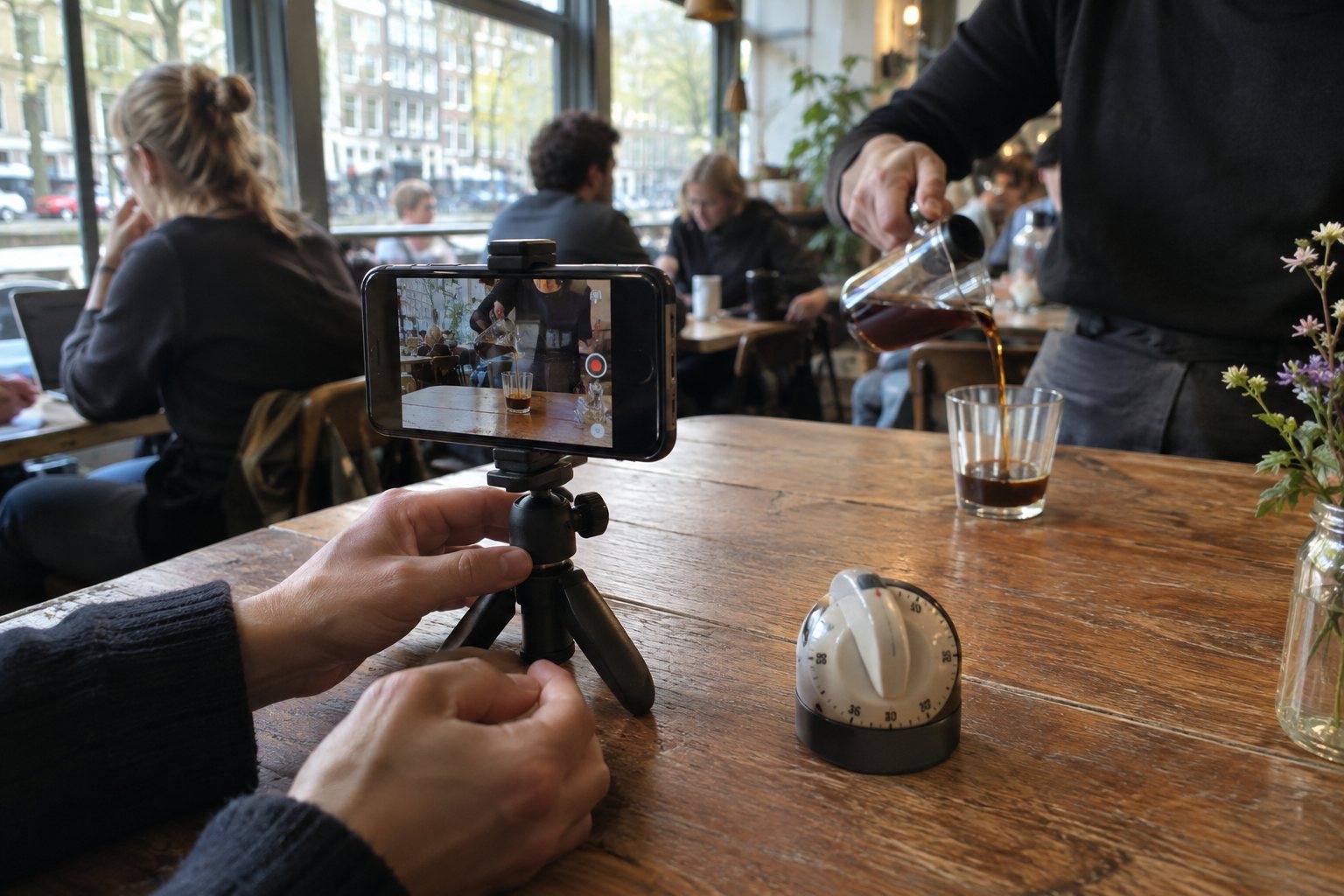 Handen zetten een telefoon op een klein statief om het inschenken van koffie in een Amsterdams café te filmen, met een kookwekker ernaast