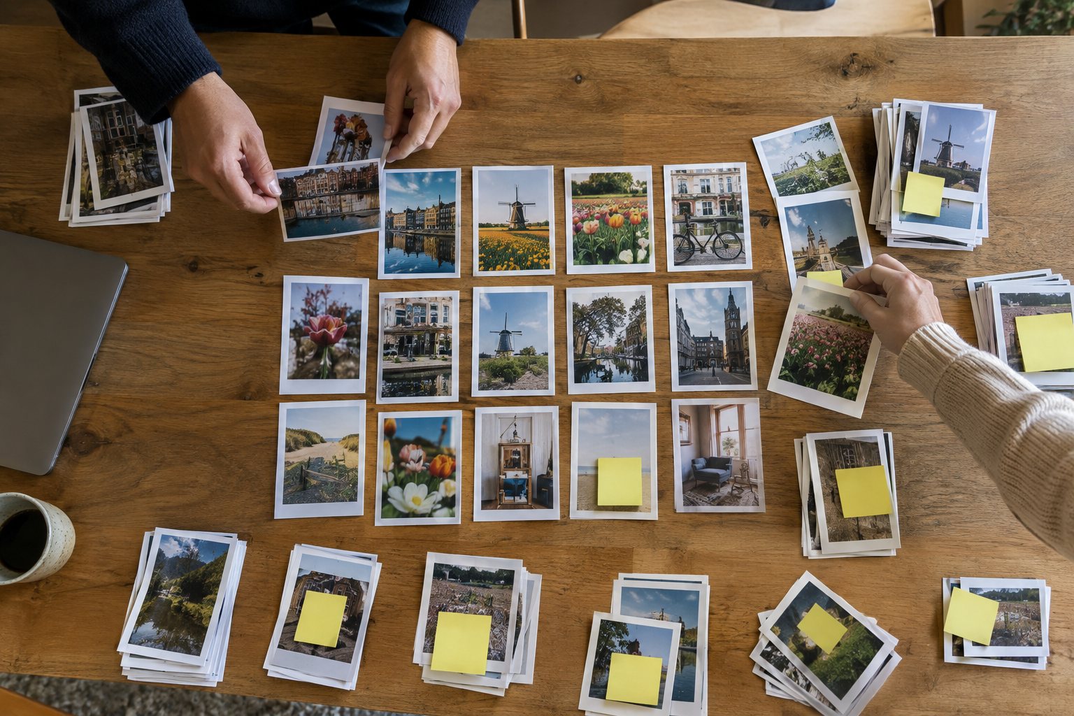 Van bovenaf: twee mensen sorteren tientallen geprinte beeldproeven in rijen en stapels op een vergadertafel, sommige met gele memoblaadjes