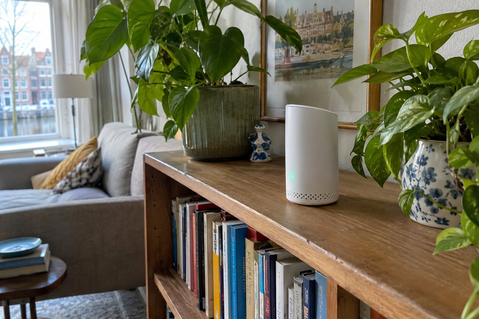 Een witte luchtkwaliteitsmeter met een groen lampje op een boekenkast in een woonkamer, tussen planten en boeken