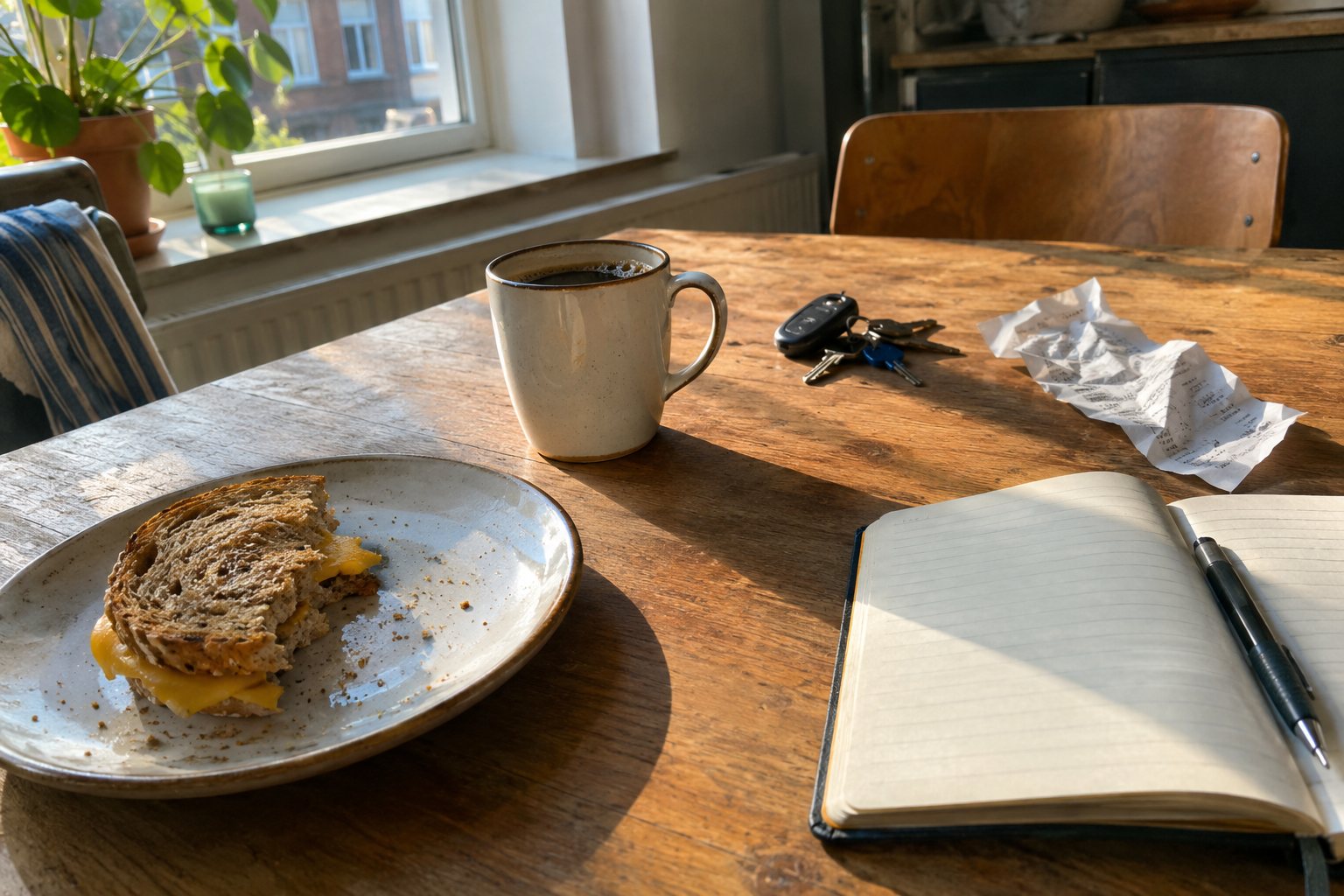 Een keukentafel in de ochtend met een half opgegeten boterham met kaas, een open notitieboek, fietssleutels, een bonnetje en koffie