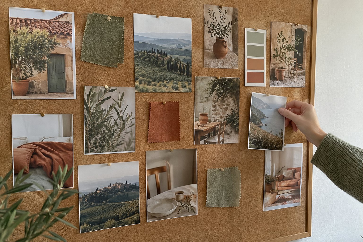 Een prikbord met foto's in hetzelfde saliegroen en terracotta, stofstalen en een kleurenkaart, terwijl een hand er nog een foto bij prikt