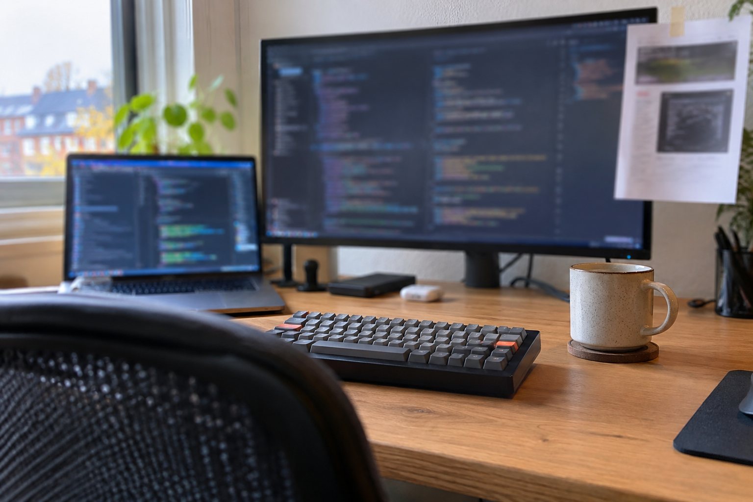 Een bureau met een laptop en een groot scherm vol onscherpe code, een geprinte screenshot aan de rand van het scherm geplakt