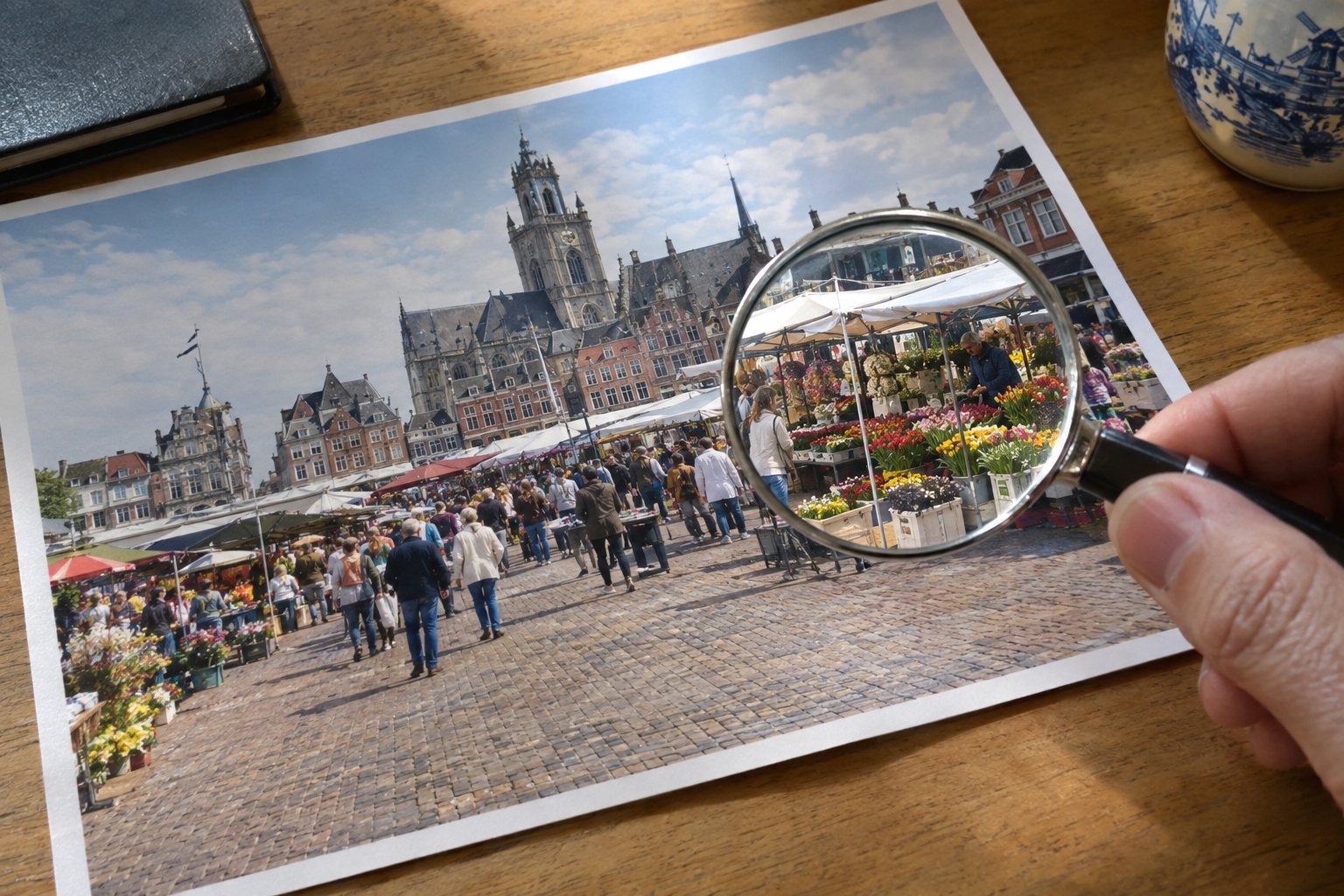 Een loep boven een grote afdruk van een drukke markt, waarin één bloemenkraam scherp en vergroot te zien is