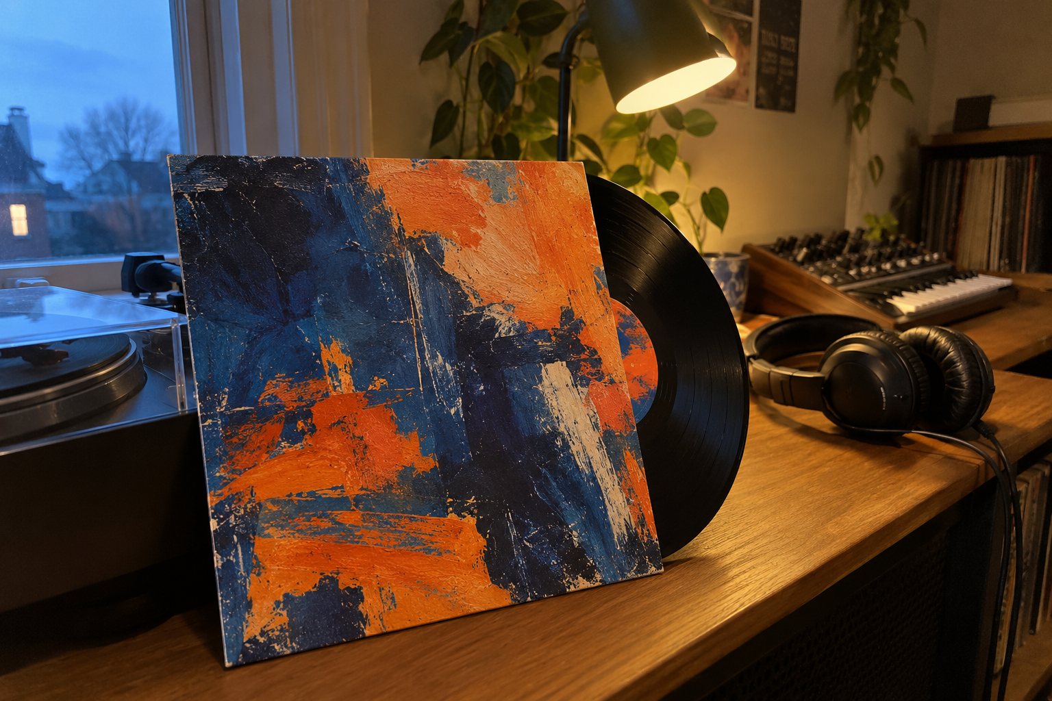 Een zelfgeschilderde abstracte platenhoes in blauw en oranje tegen een platenspeler, met een koptelefoon en een synthesizer op de achtergrond