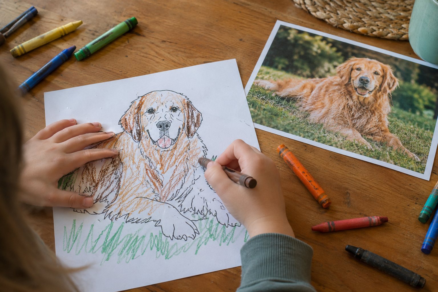 Een kind kleurt met waskrijt een kleurplaat van een golden retriever in, met de foto van dezelfde hond ernaast op tafel