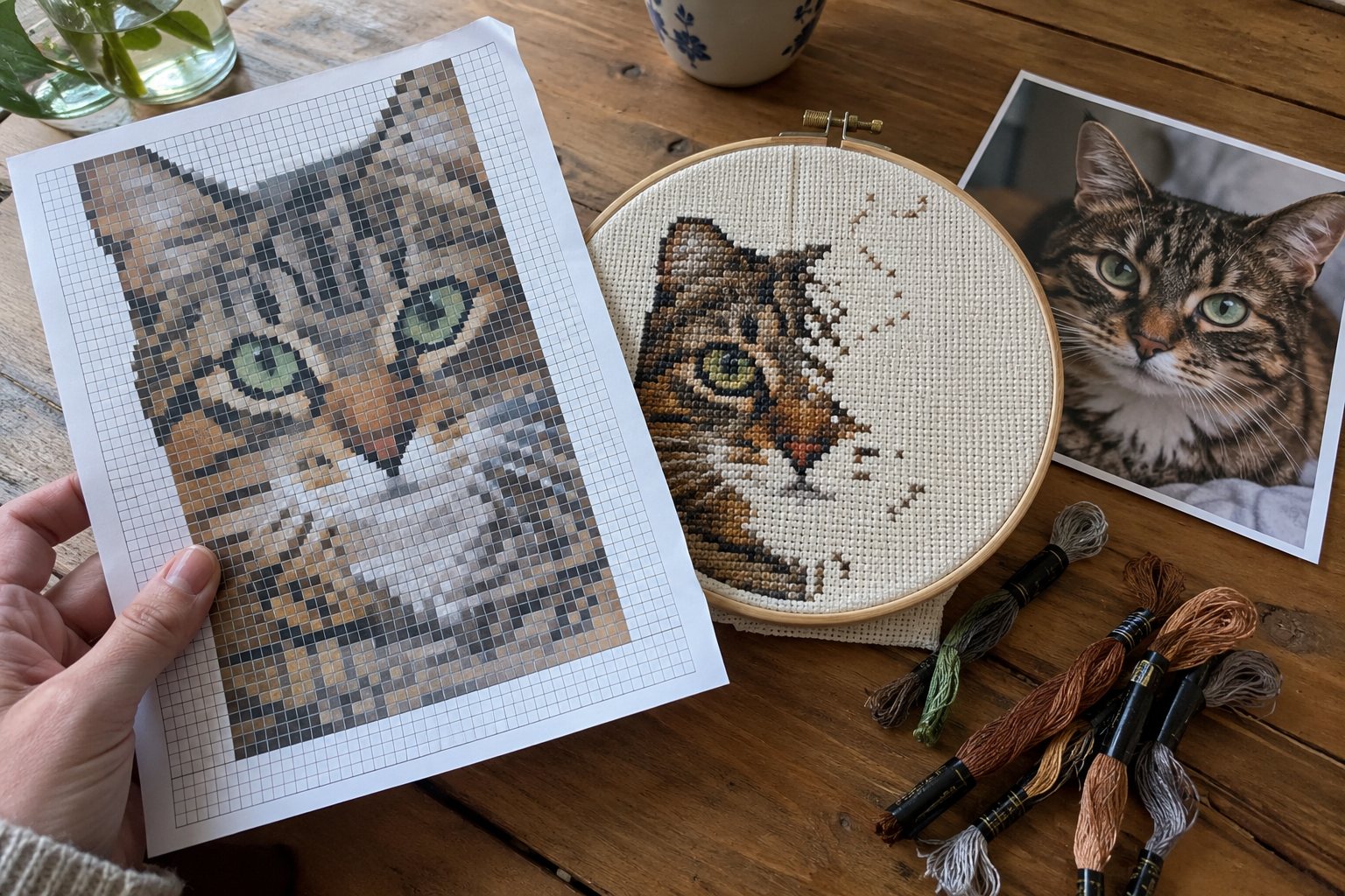 Een hand houdt een geprint telpatroon van een kattenkop vast naast een borduurring met een half af kruissteekwerk en de foto van de kat