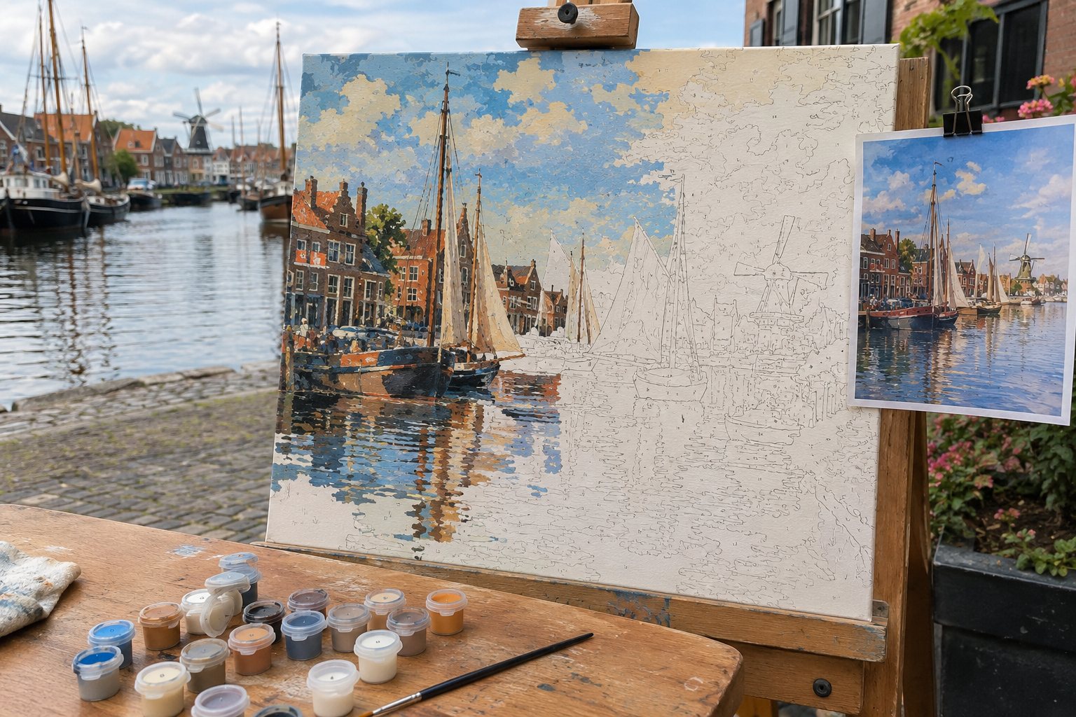 Een half ingekleurd schilderen-op-nummerdoek van een haven met zeilschepen op een ezel, met potjes verf en de voorbeeldfoto ernaast