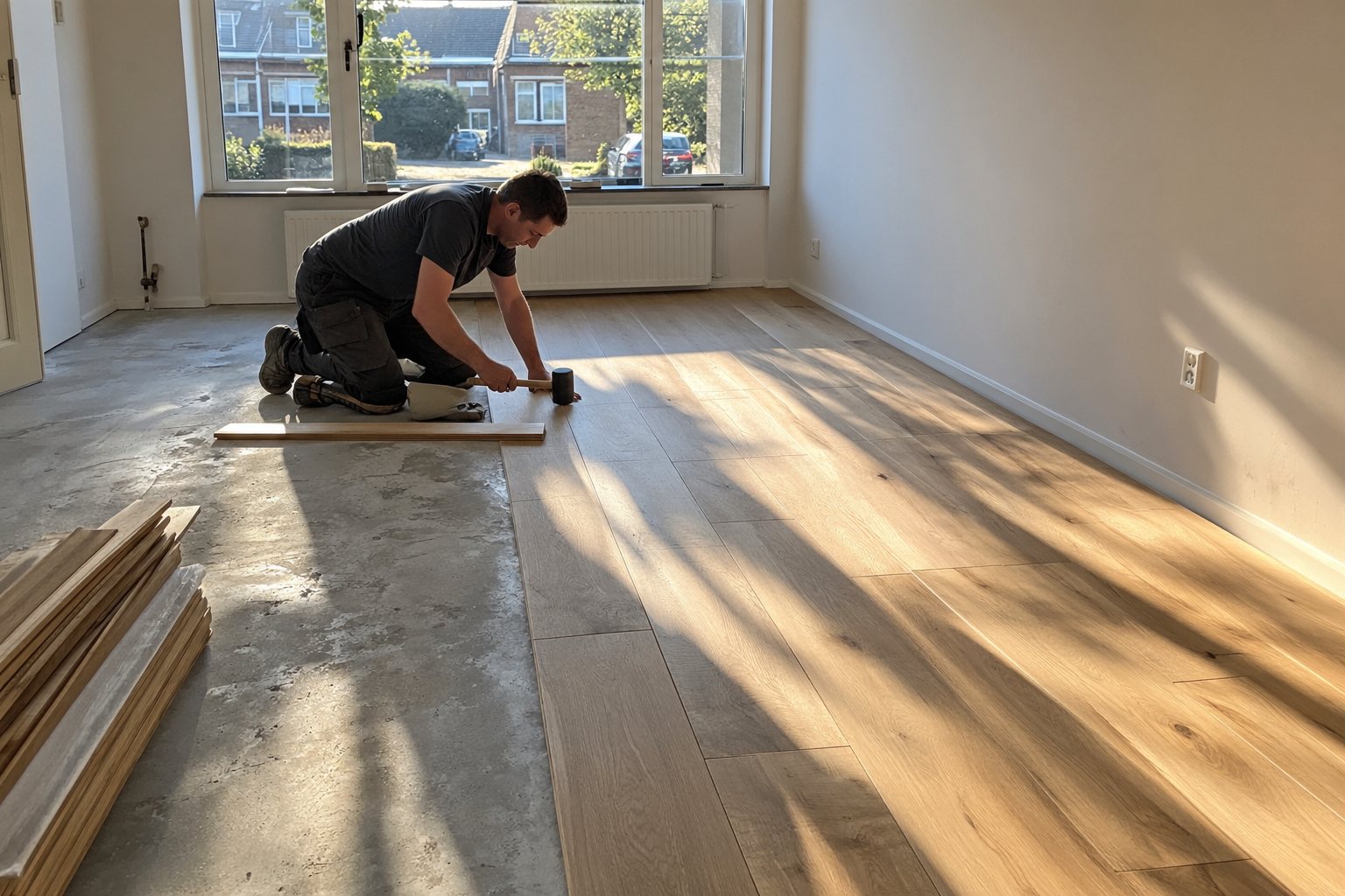 Een vloerlegger legt lange eikenhouten planken met verspringende kopse naden in een lege woonkamer, de helft van de dekvloer nog kaal
