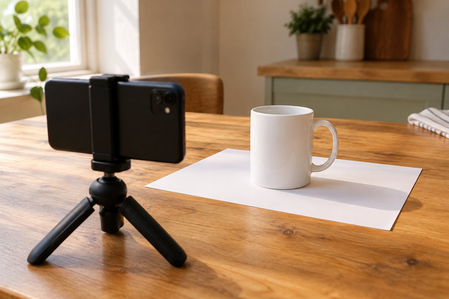 Witte mok op een vel wit papier op een houten keukentafel, met een telefoon op een klein statief ervoor