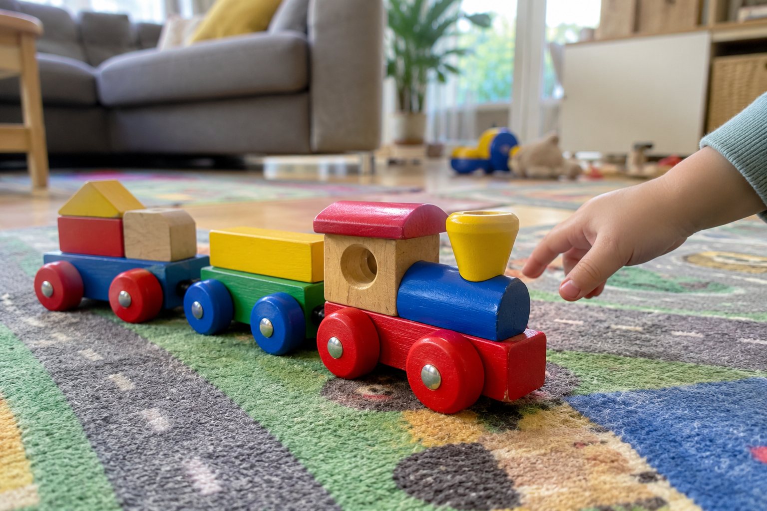 Een gekleurde houten speelgoedtrein op een speelkleed, gefotografeerd op ooghoogte van een peuter, met een kinderhandje dat ernaar reikt