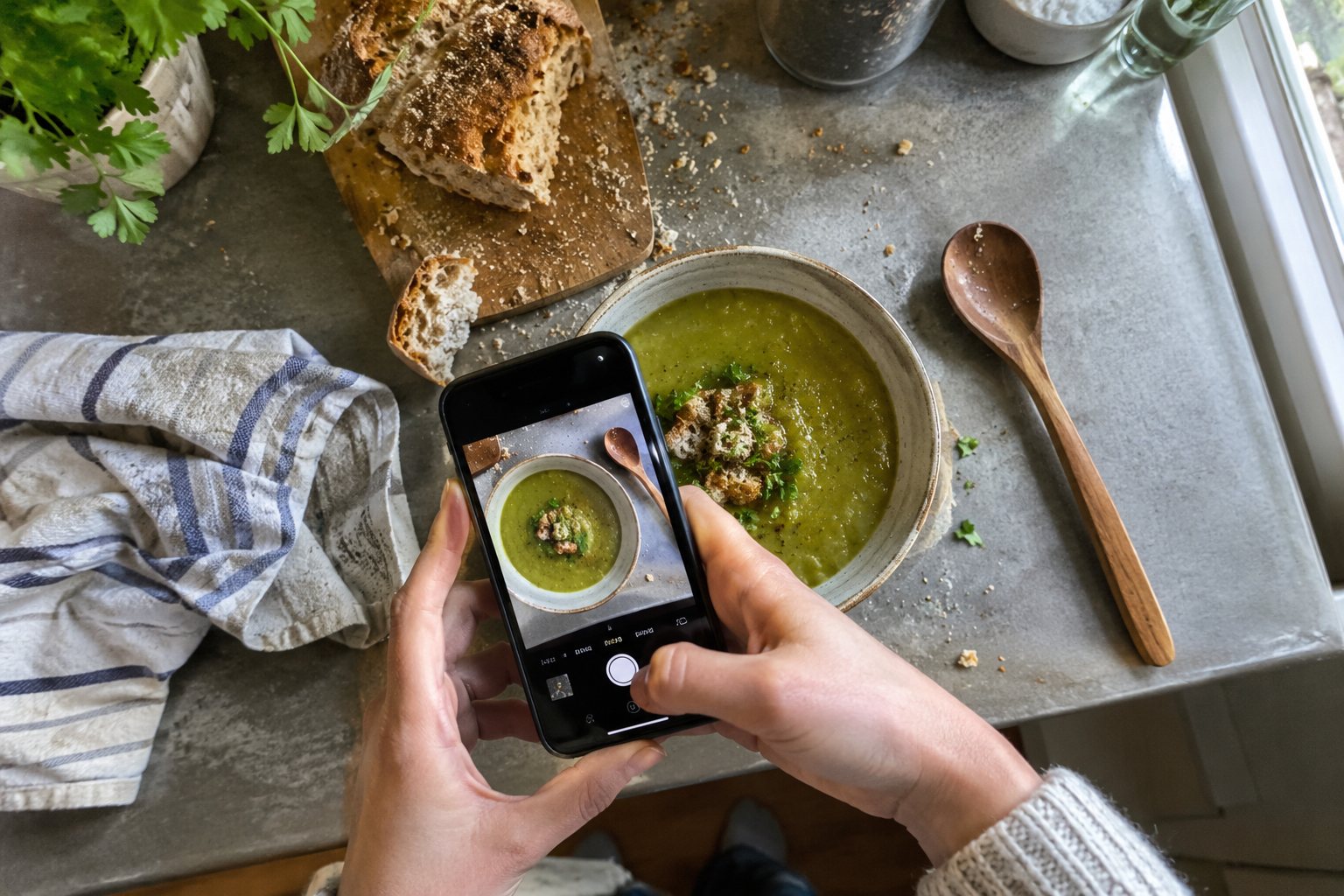 Van bovenaf: iemand fotografeert een kom zelfgemaakte erwtensoep met de telefoon op een rommelig aanrecht met brood en een theedoek