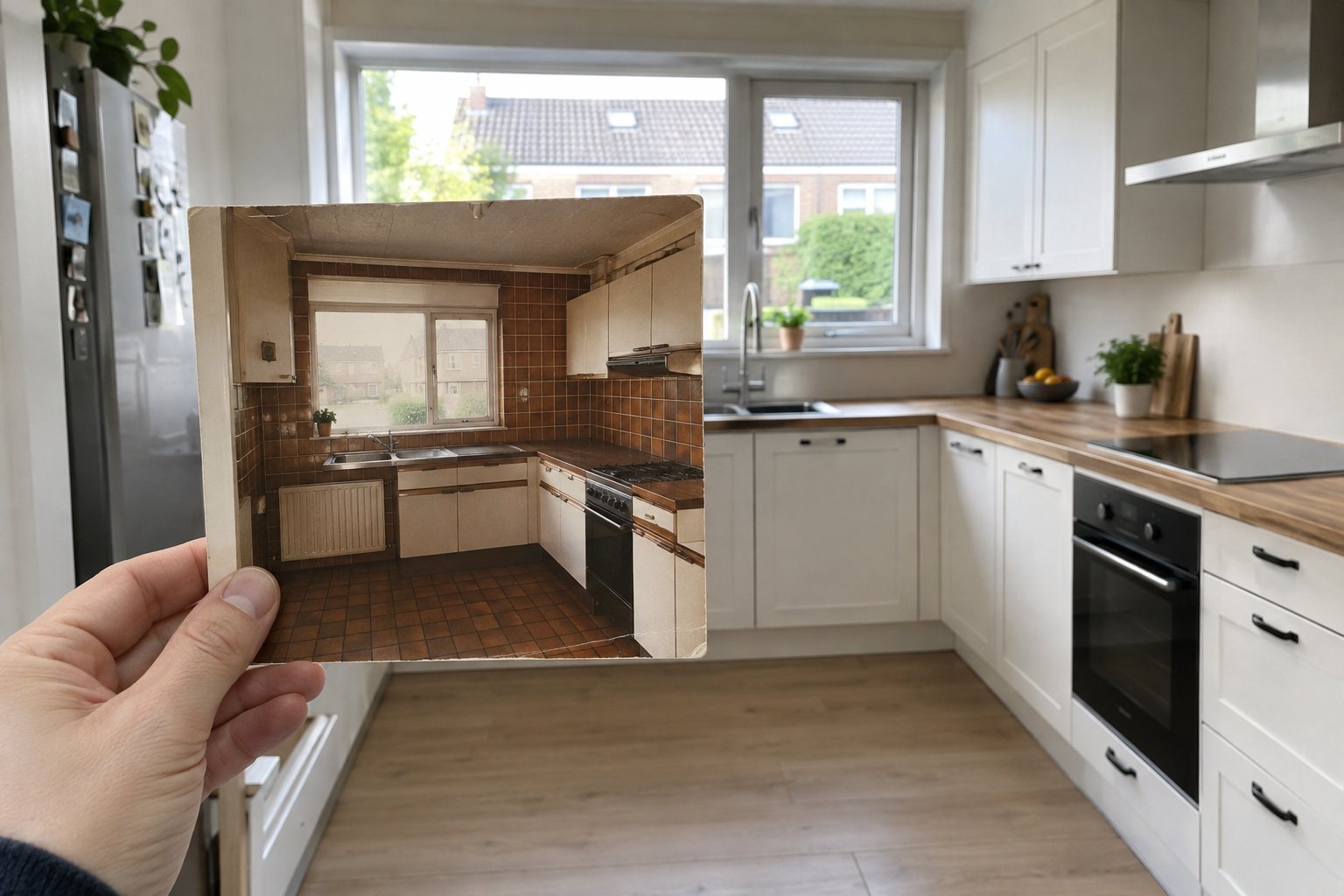 Iemand houdt een oude foto van een keuken met bruine tegels omhoog voor dezelfde keuken, nu verbouwd met witte kastjes en een houten werkblad