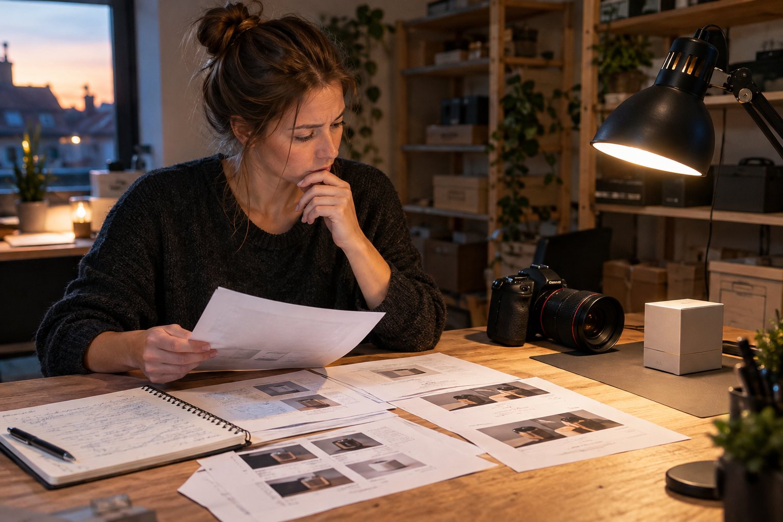 Webshopeigenaar aan een werkbank in de avond, met fotoprints, een notitieboek en een camera met macrolens