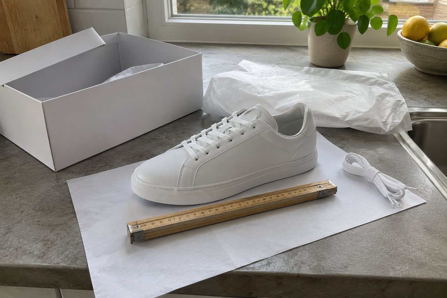 Een witte sneaker op wit papier naast een houten duimstok, met de doos, reserveveters en vloeipapier ernaast op het aanrecht