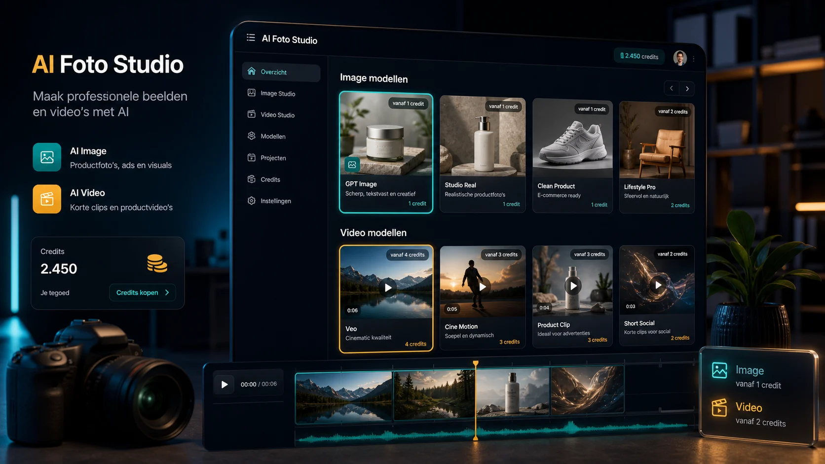 AI Foto Studio dashboard met image- en videomodellen en creditprijzen
