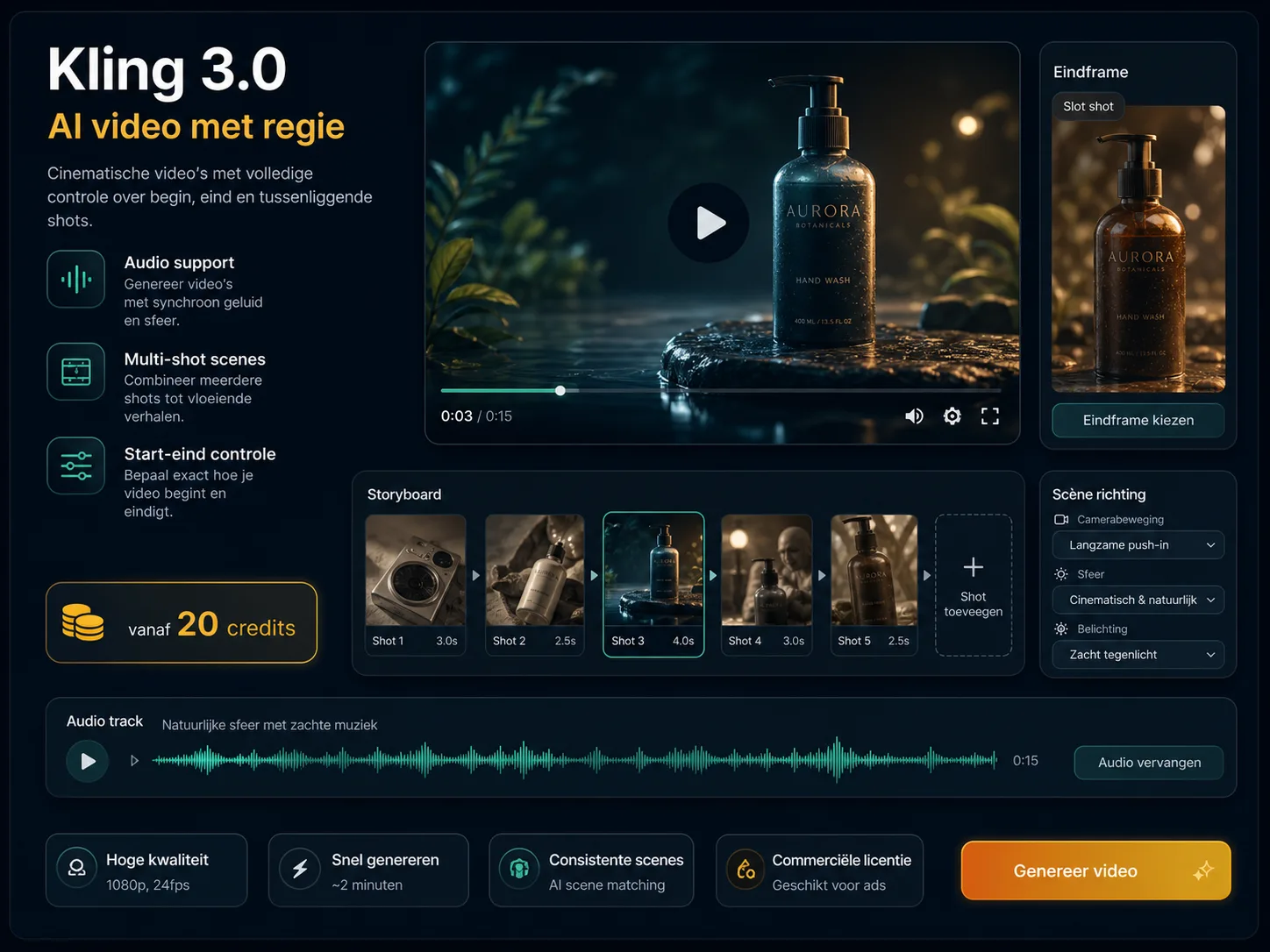 Kling 3.0 infographic met multi-shot scenes, audio en start-eind controle