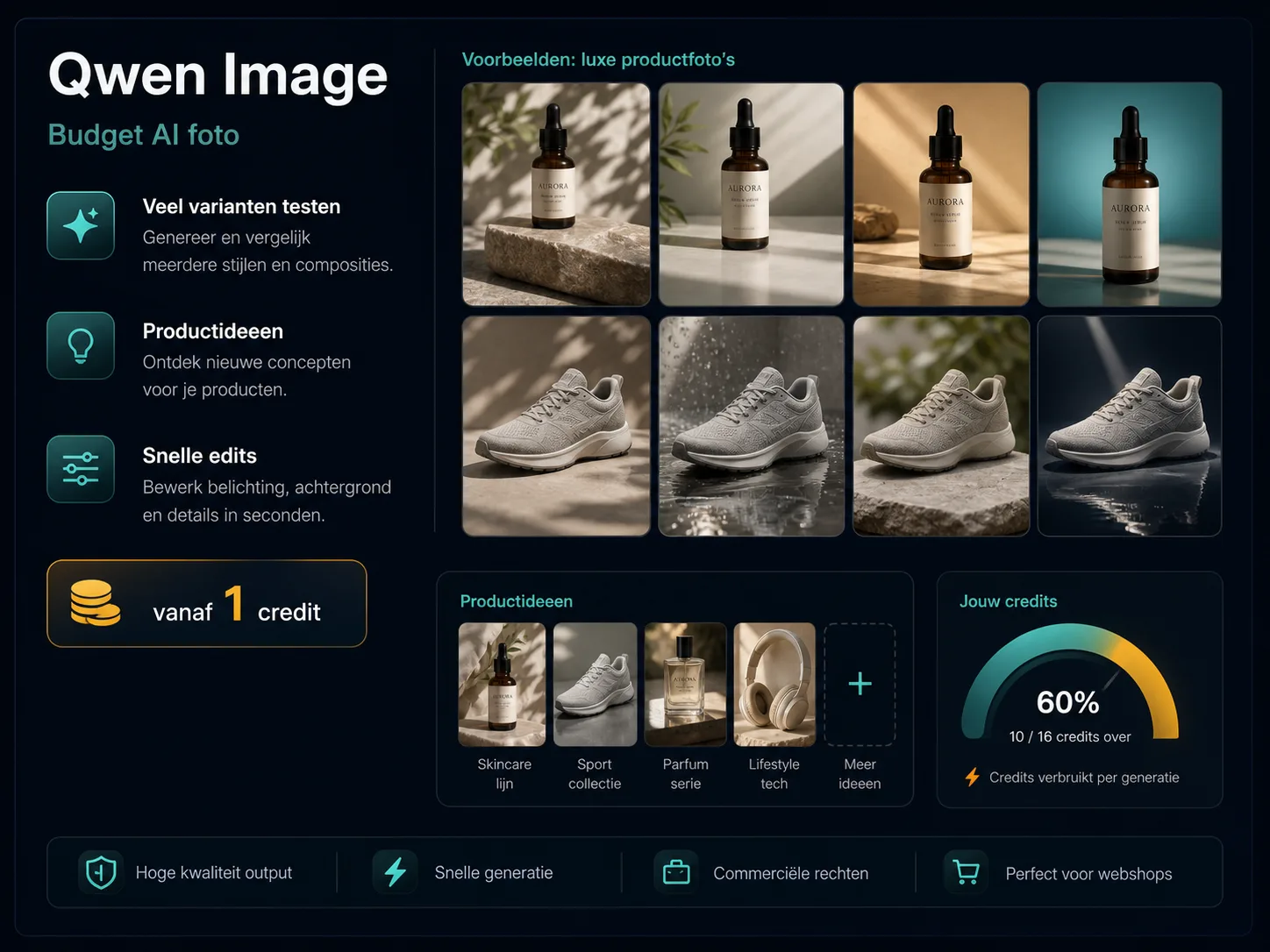 Qwen Image infographic met budget AI foto en productvarianten