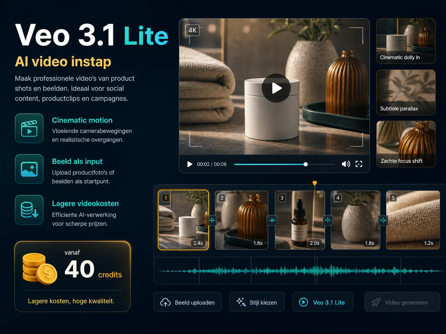 Veo 3.1 Lite infographic met cinematic motion en vanaf 40 credits