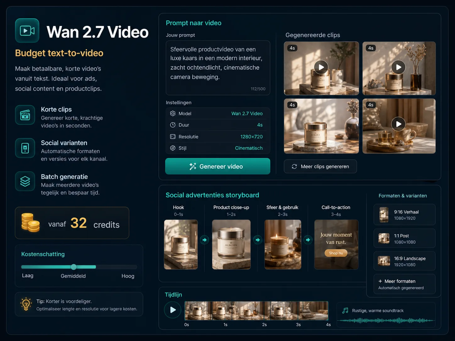 Wan 2.7 Video infographic met budget text-to-video en social varianten