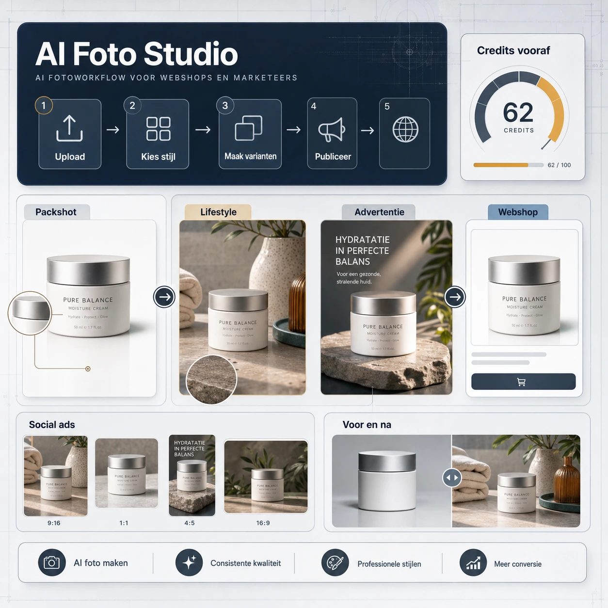 Premium AI foto maken handboek met upload, stijlkeuze, varianten, packshot, lifestylebeeld en advertentievoorbeeld
