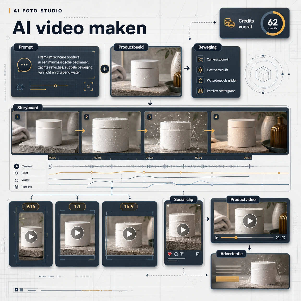 Premium AI video maken handboek met prompt, productbeeld, beweging, storyboard, social clip en productvideo