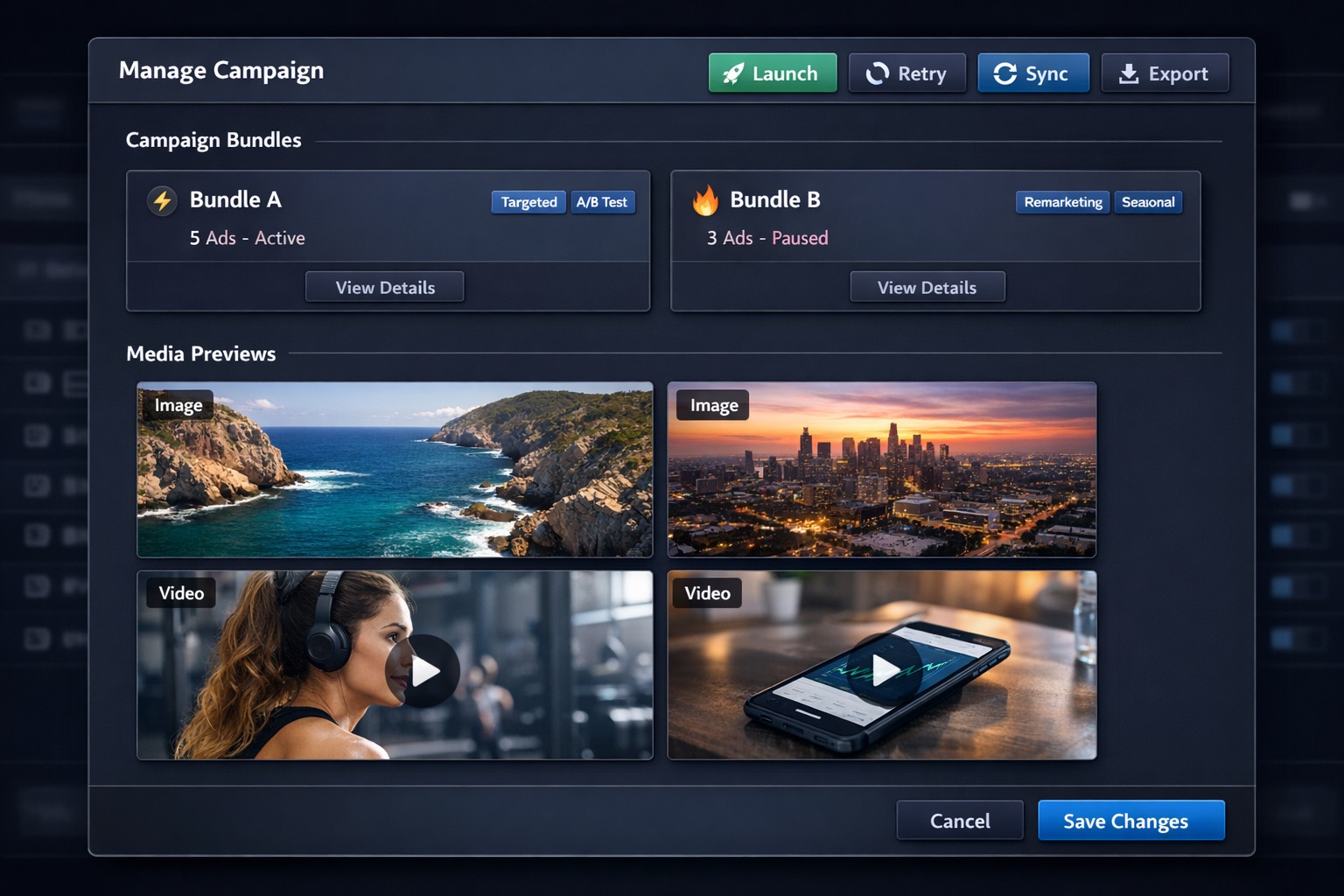 Campagnemodal met asset previews en execute knoppen