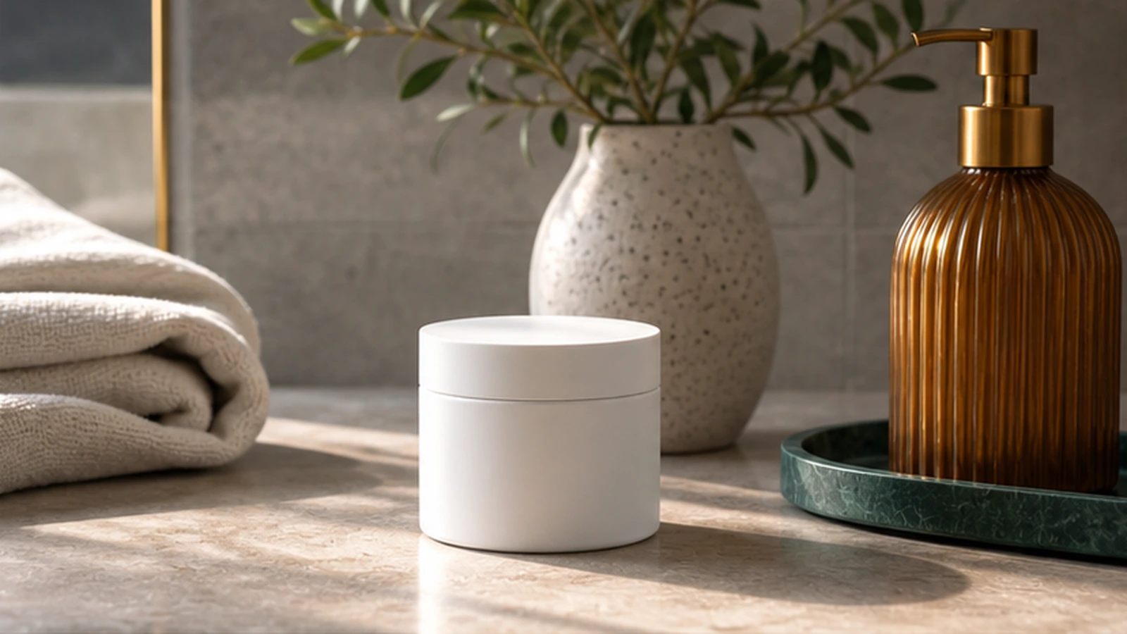 Premium lifestyle productfoto van een witte cosmeticapot in natuurlijk badkamerlicht